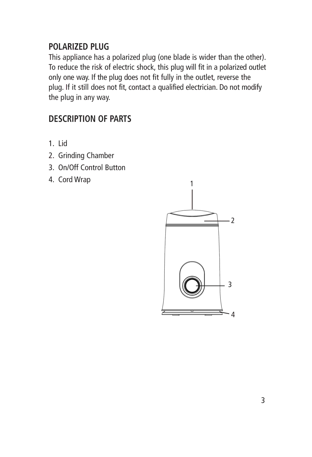 Salton CG-1174 manual Polarized Plug, Description of Parts, Lid Grinding Chamber On/Off Control Button Cord Wrap 