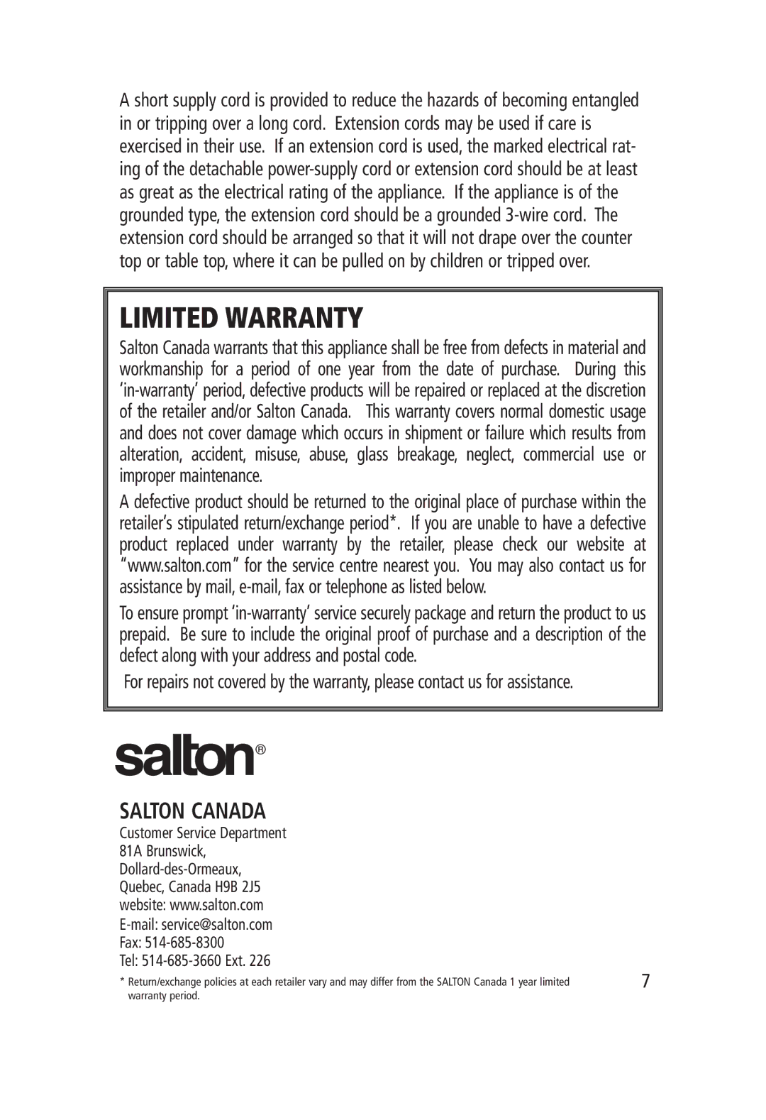 Salton CG-1174 manual Limited Warranty, Salton Canada 