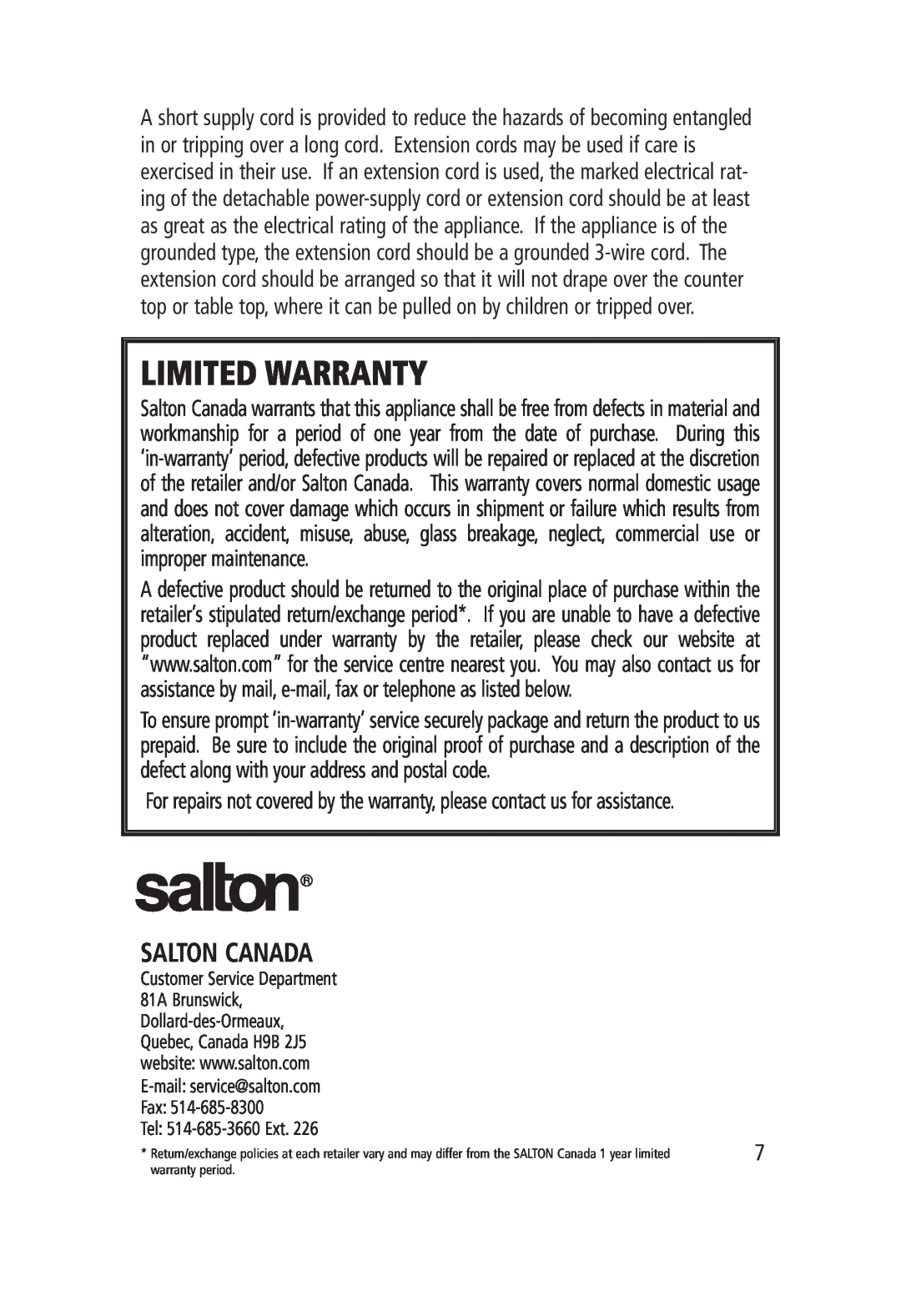 Salton CG-1174 manual Salton Canada, Limited Warranty, Tel 514-685-3660 Ext 