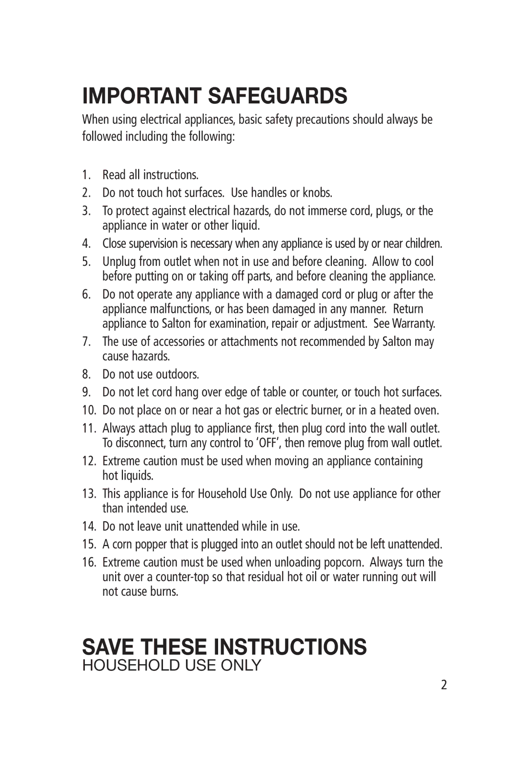 Salton CP-1204 manual Important Safeguards 