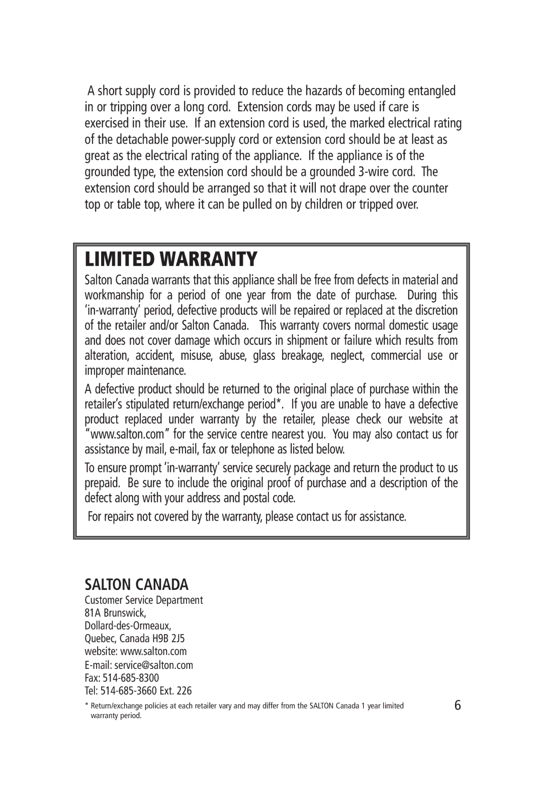 Salton CP-1204 manual Limited Warranty, Salton Canada 