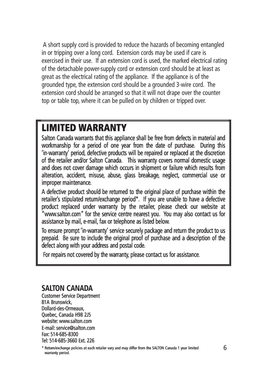 Salton CP-1204 manual Salton Canada, Limited Warranty 