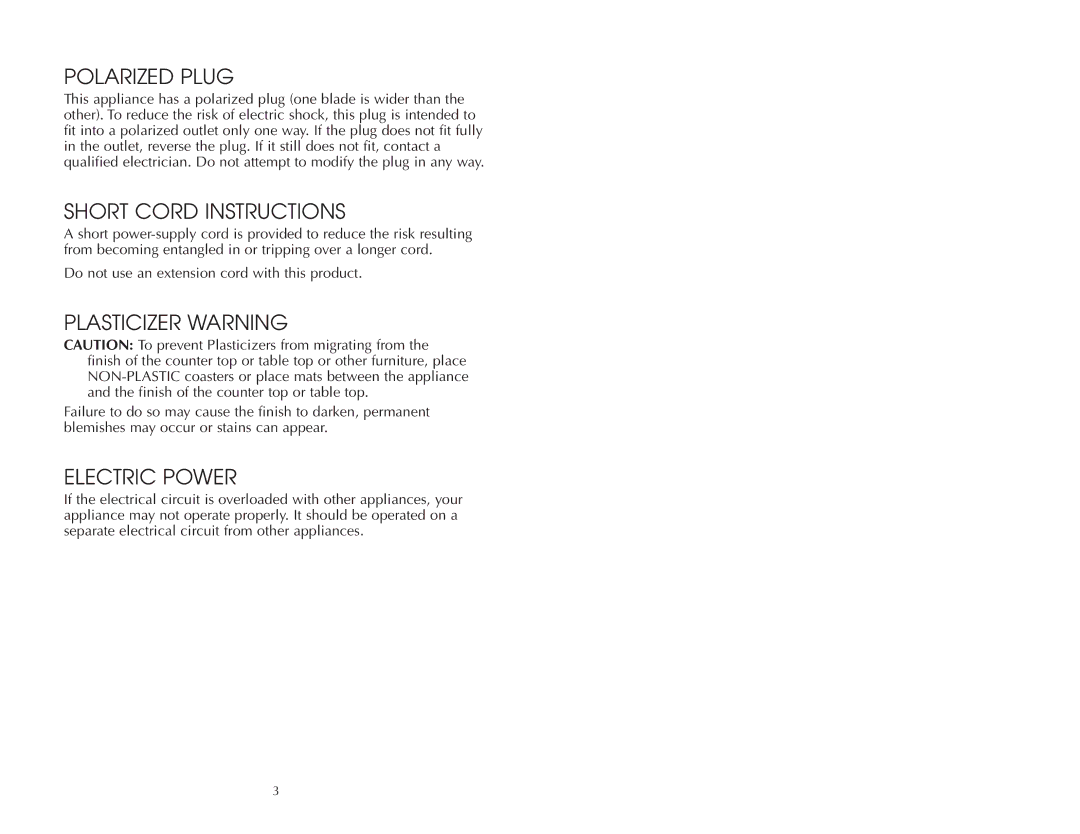 Salton FAC200T warranty Polarized Plug, Short Cord Instructions, Plasticizer Warning, Electric Power 