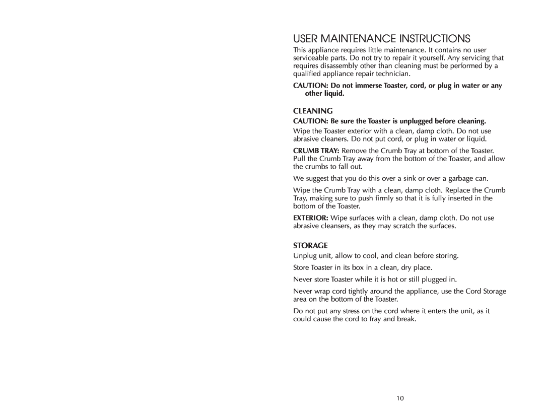 Salton FAC200T warranty User Maintenance Instructions, Cleaning, Storage 