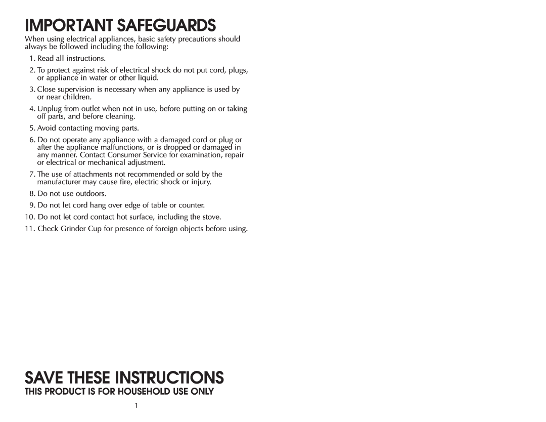 Salton FAC500G warranty Important Safeguards, Save These Instructions, This Product Is For Household Use Only 