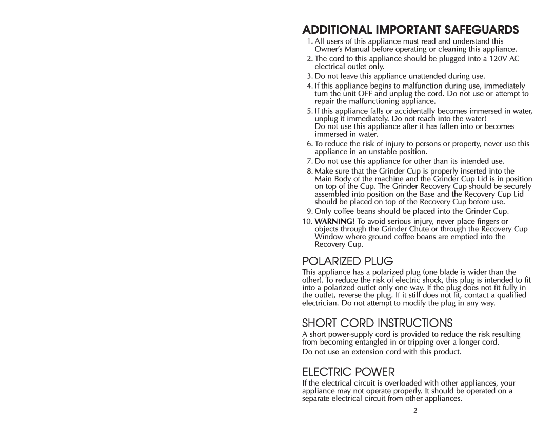 Salton FAC500G warranty Polarized Plug, Short Cord Instructions, Electric Power, Additional Important Safeguards 