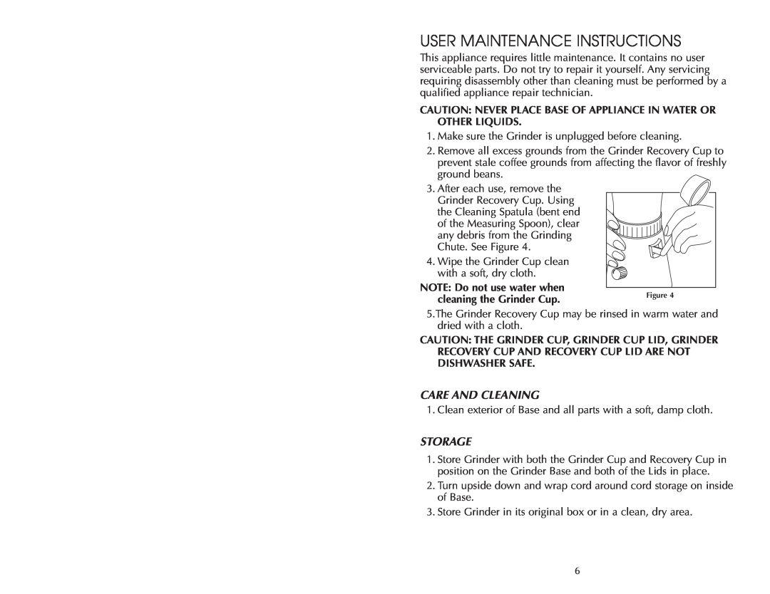 Salton FAC500G User Maintenance Instructions, Caution Never Place Base Of Appliance In Water Or Other Liquids, Storage 