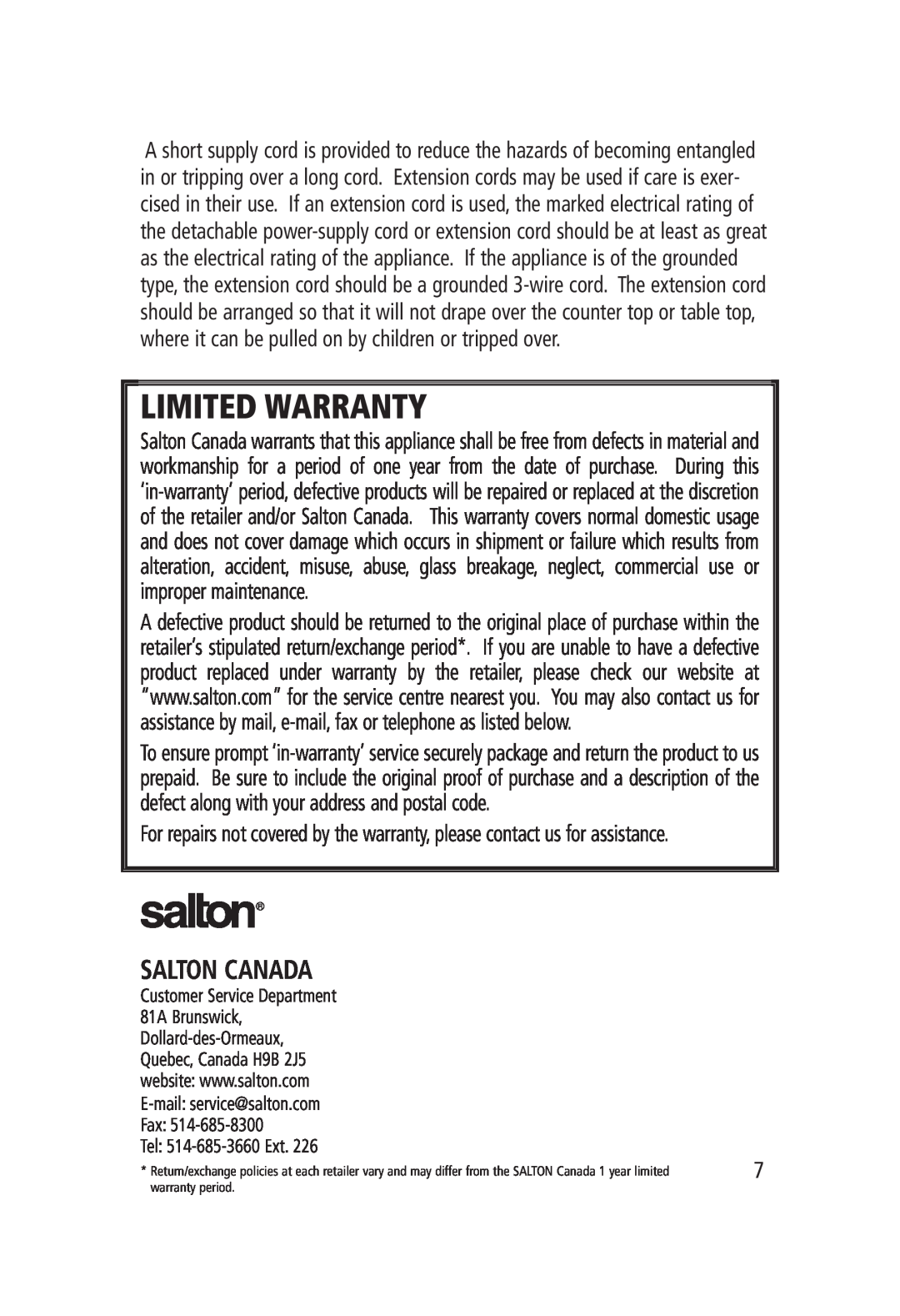 Salton FC-1180 manual Salton Canada, Limited Warranty 