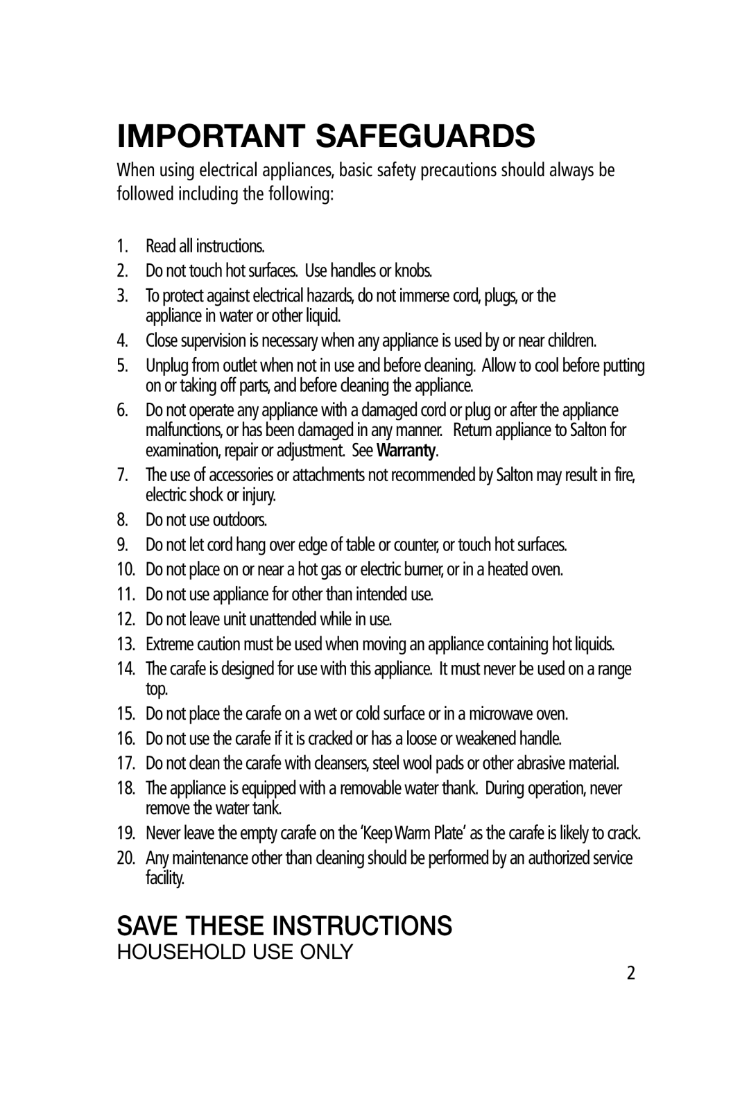 Salton FC-1191 manual Important Safeguards 