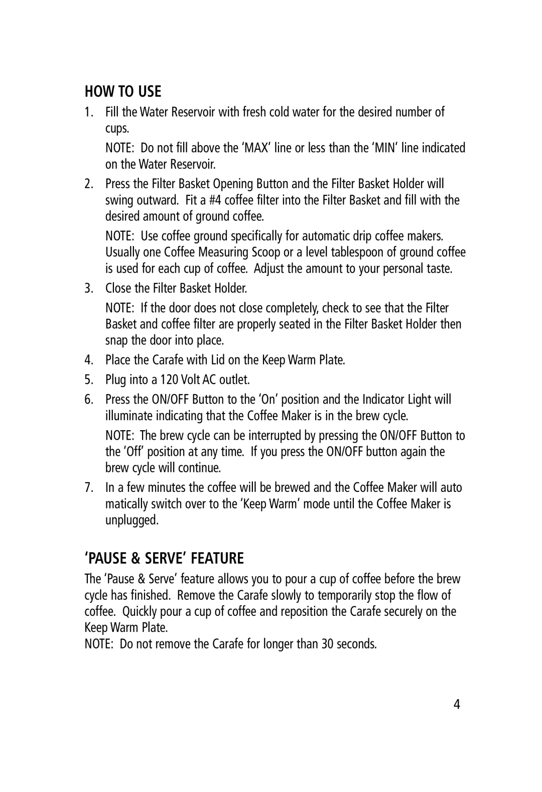 Salton FC-1191 manual HOW to USE, ‘PAUSE & SERVE’ Feature 