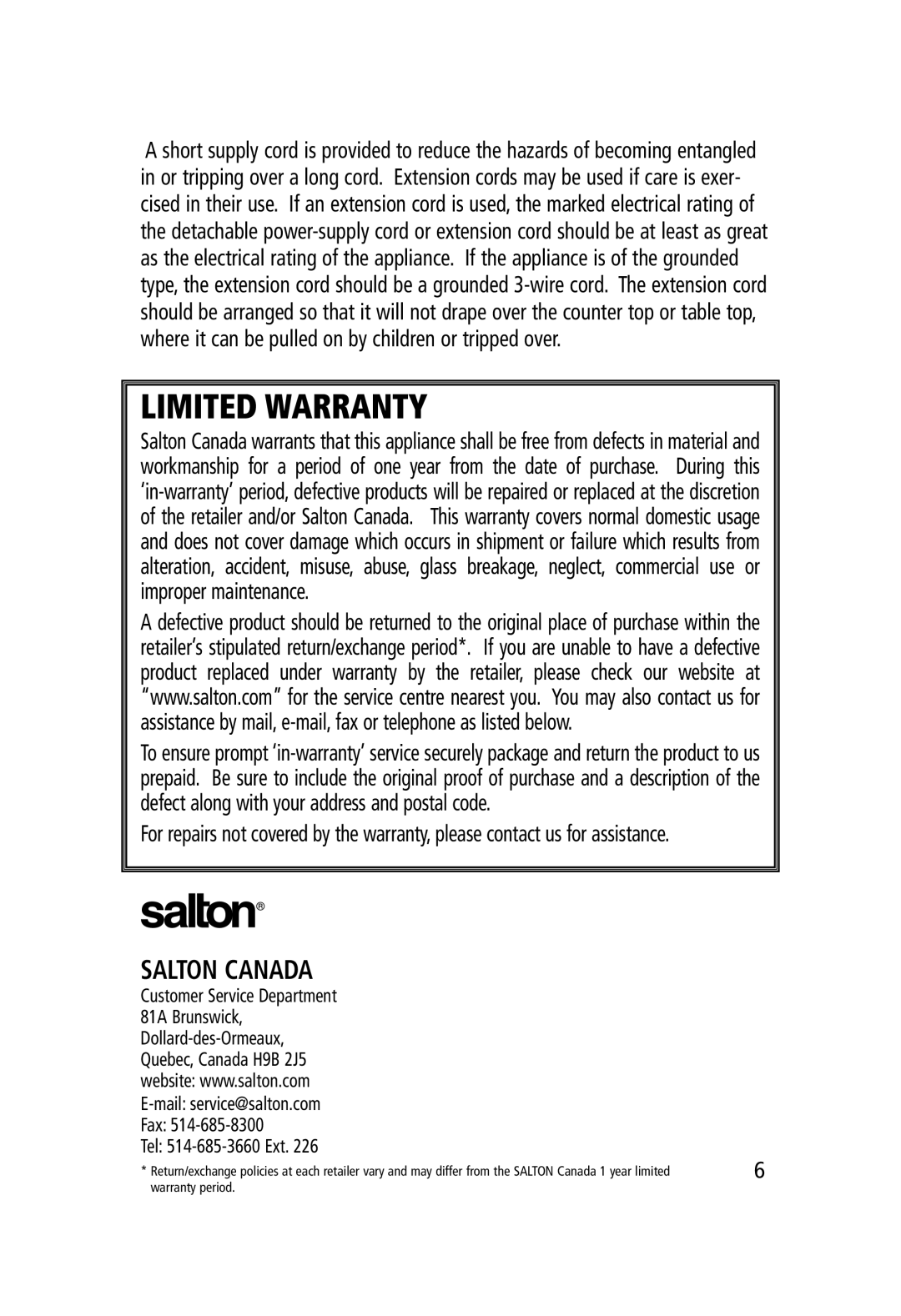 Salton FC-1191 manual Limited Warranty, Salton Canada 