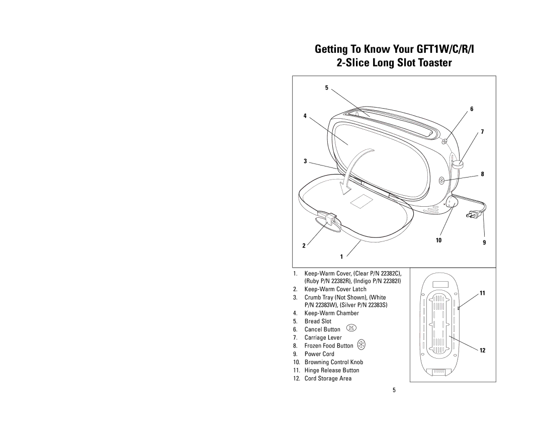 Salton GFT1C, GFT1I, GFT1R owner manual Getting To Know Your GFT1W/C/R/I Slice Long Slot Toaster 