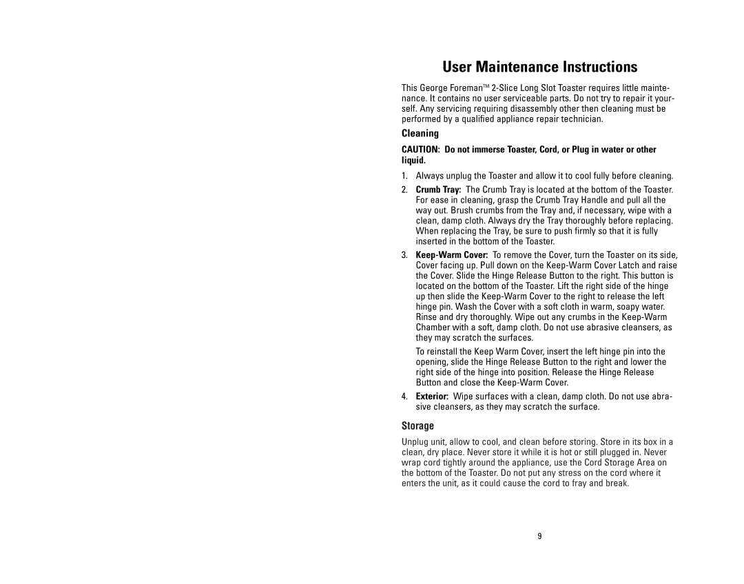 Salton GFT1I, GFT1R, GFT1C owner manual User Maintenance Instructions, Cleaning 