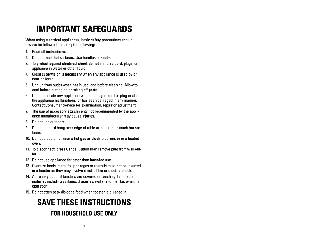 Salton GFT1C, GFT1I, GFT1R owner manual Important Safeguards, Save These Instructions, For Household Use Only 
