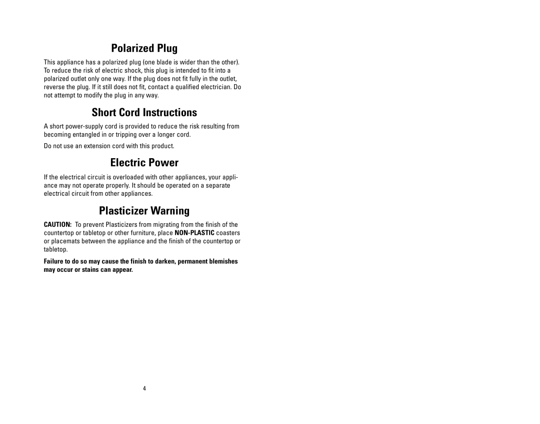 Salton GFT1W owner manual Polarized Plug, Short Cord Instructions, Electric Power, Plasticizer Warning 