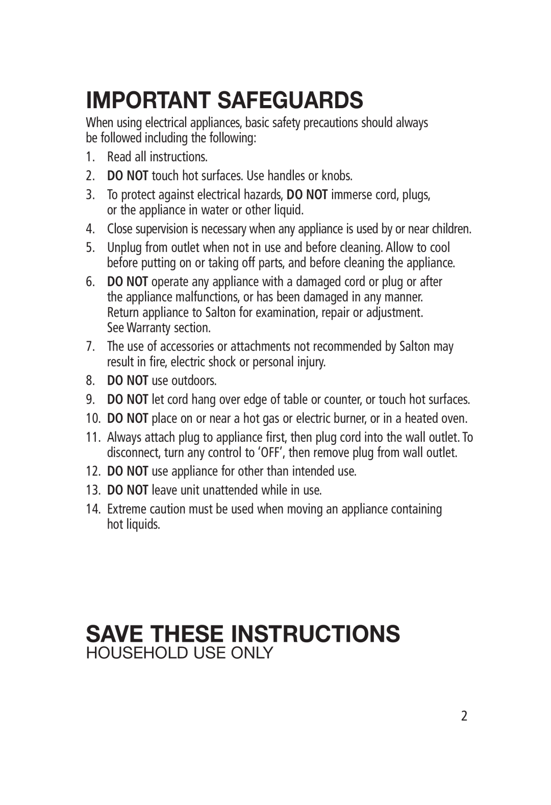 Salton GK-1202 manual Household Use Only, Important Safeguards, Save These Instructions 