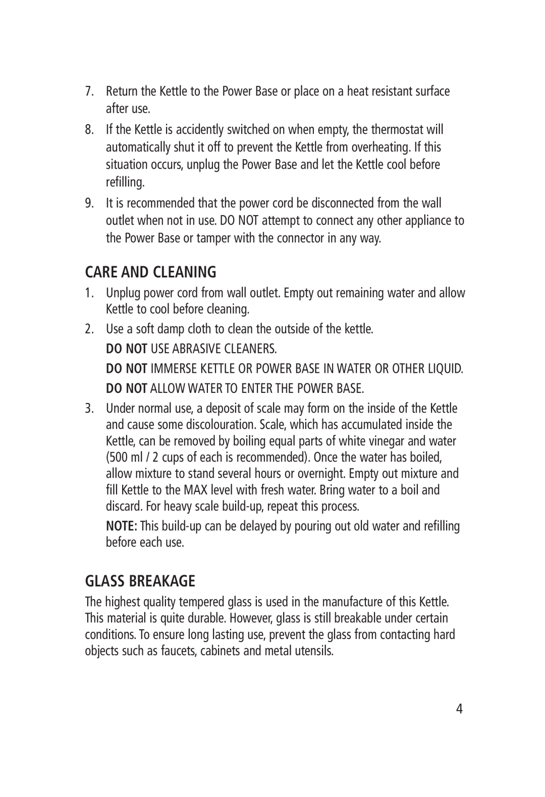 Salton GK-1202 manual Care And Cleaning, Glass Breakage 