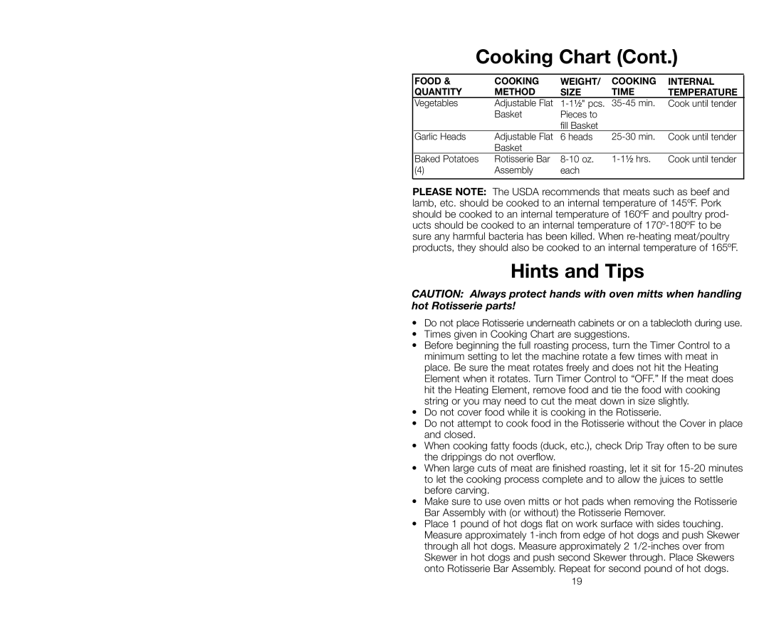 Salton GR59A owner manual Hints and Tips 