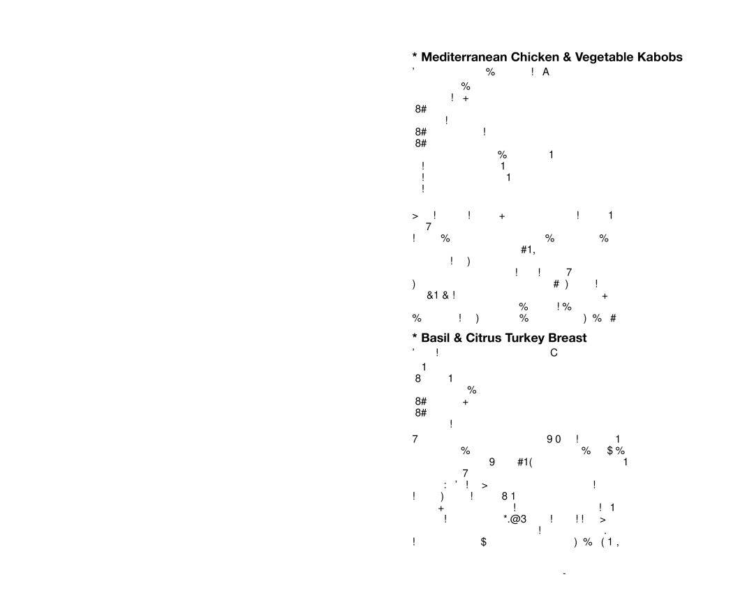 Salton GR59A owner manual Mediterranean Chicken & Vegetable Kabobs, Basil & Citrus Turkey Breast 