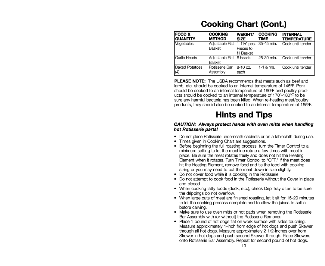 Salton GR59A owner manual Hints and Tips, Cooking Chart Cont, Times given in Cooking Chart are suggestions 
