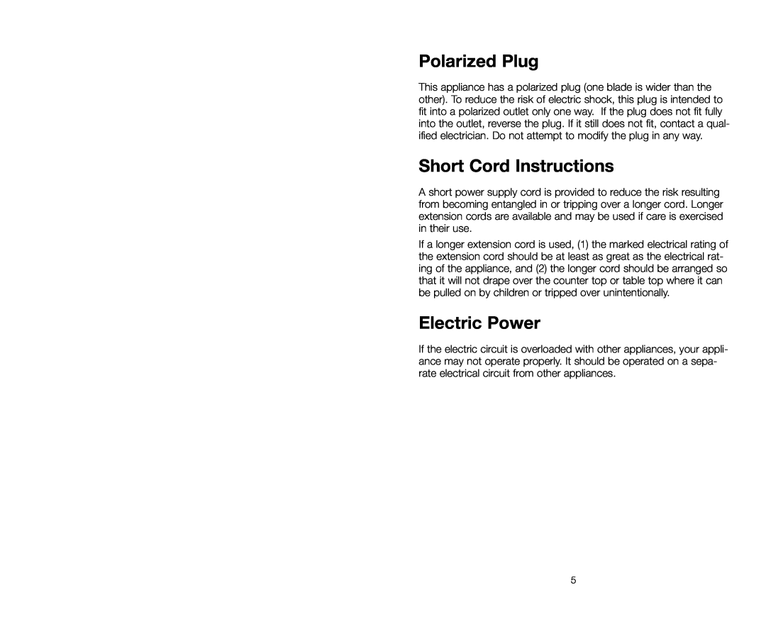 Salton GR59A owner manual Polarized Plug, Short Cord Instructions, Electric Power 