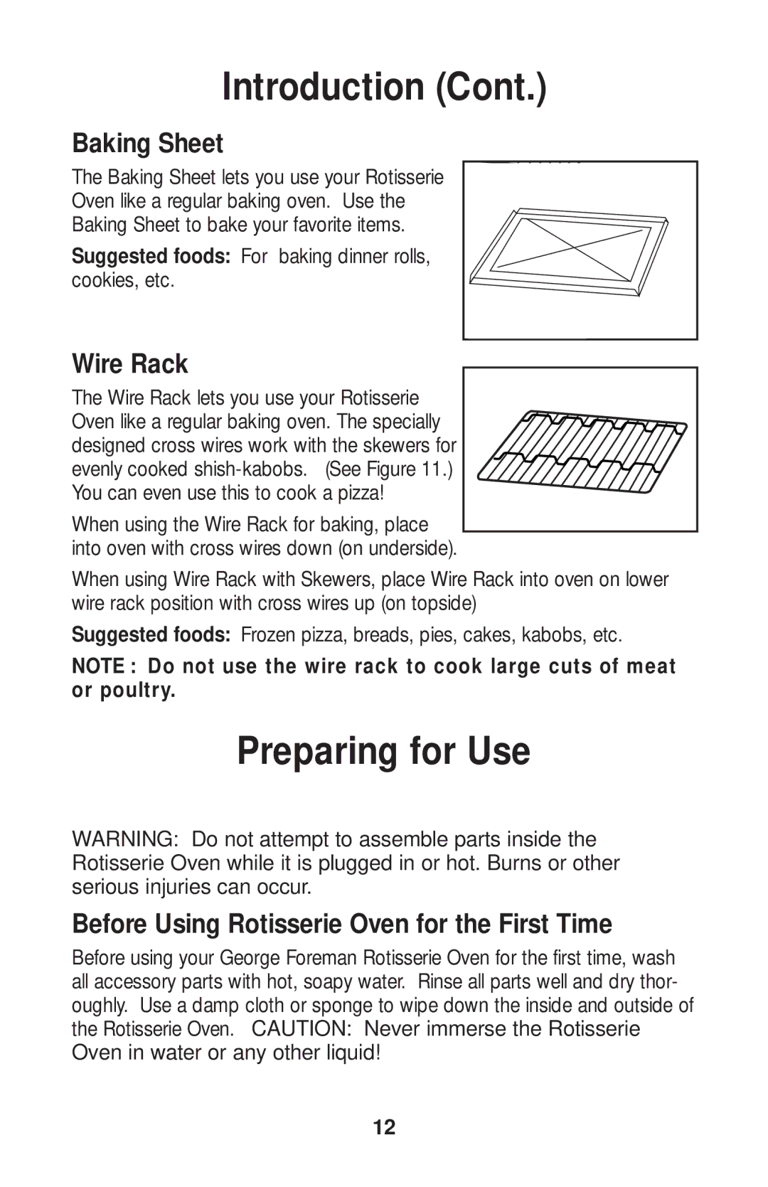 Salton GR80B owner manual Preparing for Use, Baking Sheet, Wire Rack, Before Using Rotisserie Oven for the First Time 