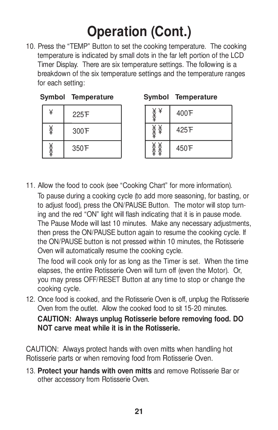 Salton GR80B owner manual 225˚F 300˚F 350˚F 