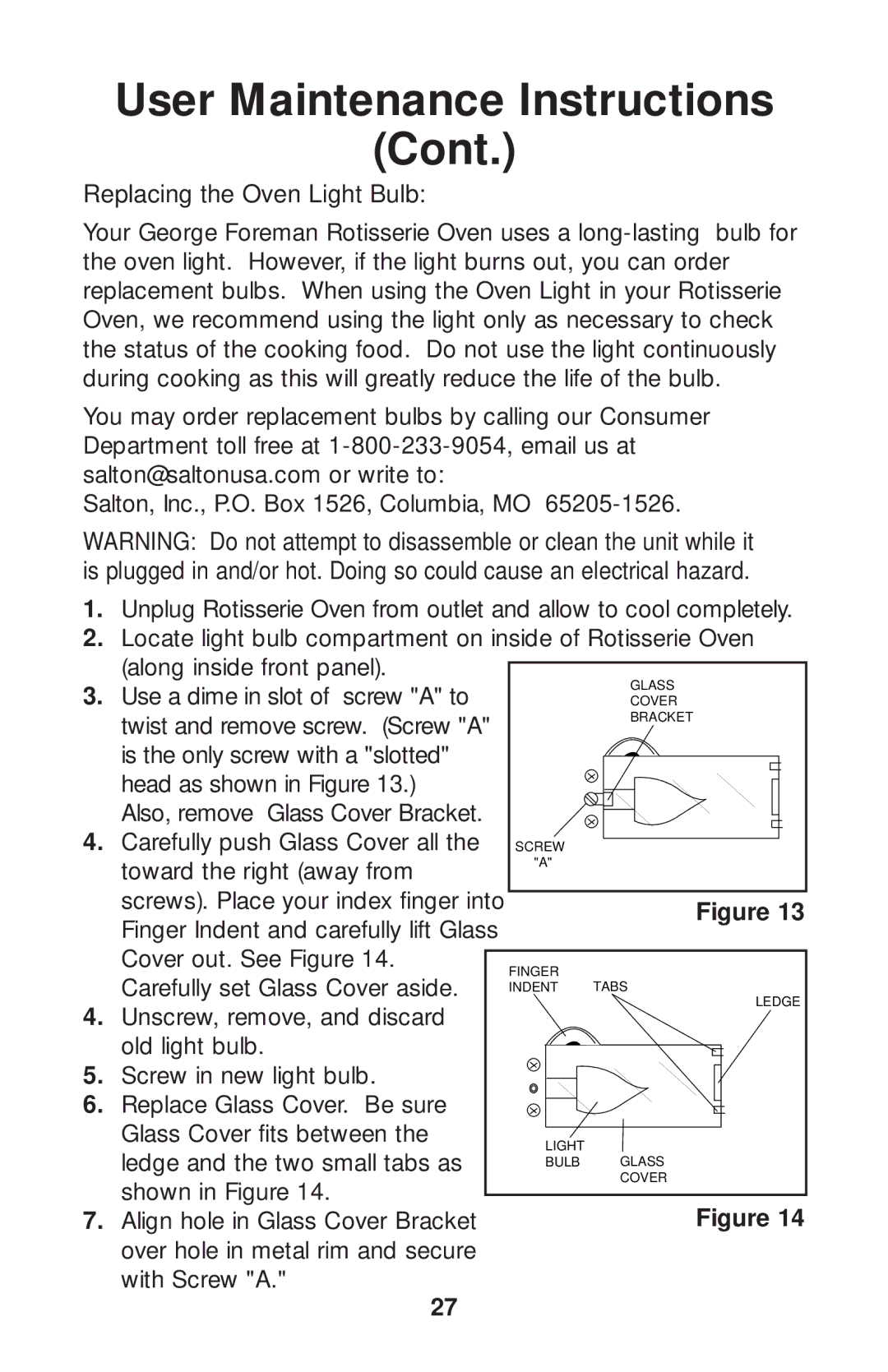 Salton GR80B owner manual User Maintenance Instructions Cont, Replacing the Oven Light Bulb 