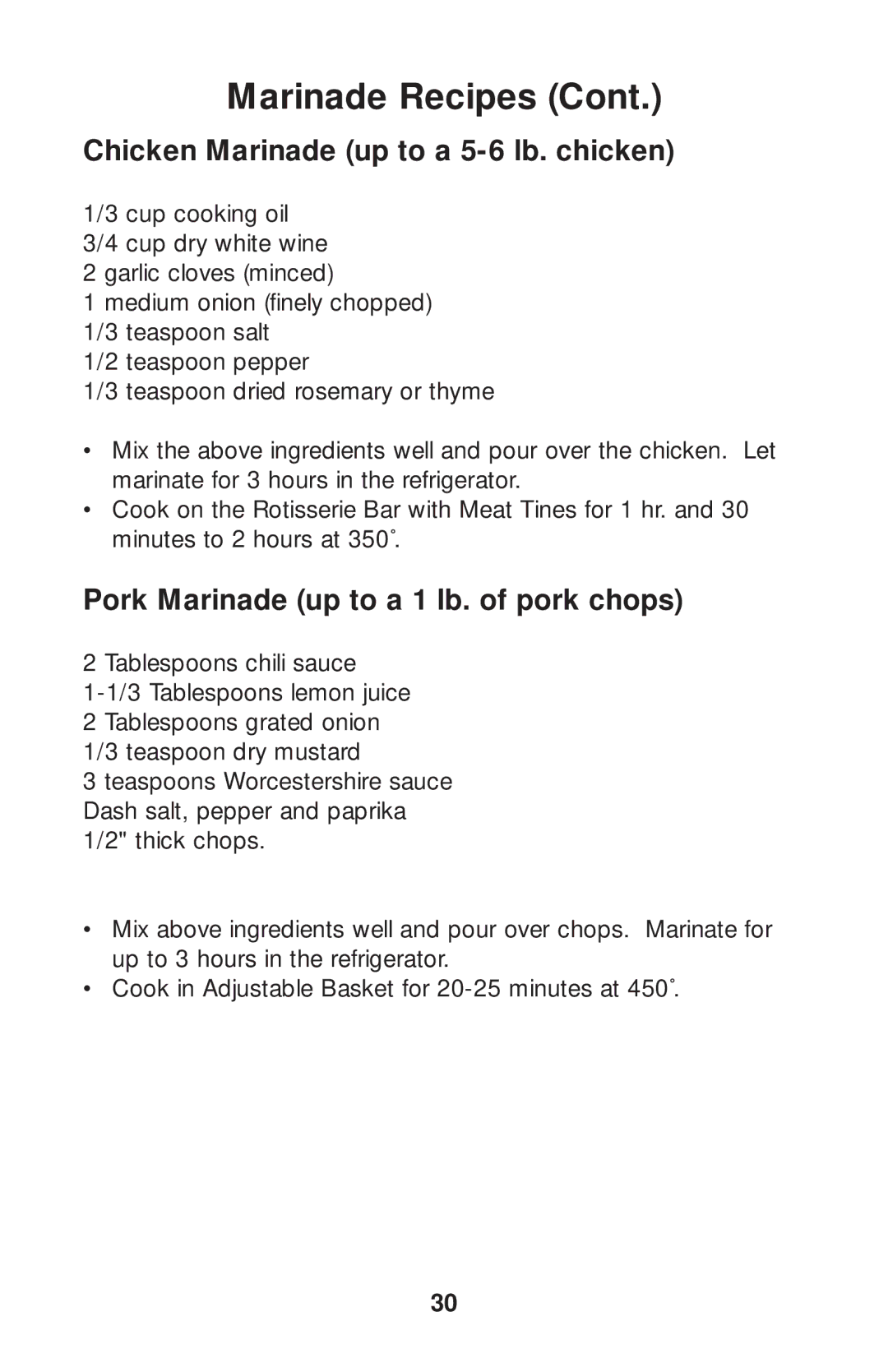 Salton GR80B owner manual Chicken Marinade up to a 5-6 lb. chicken, Pork Marinade up to a 1 lb. of pork chops 