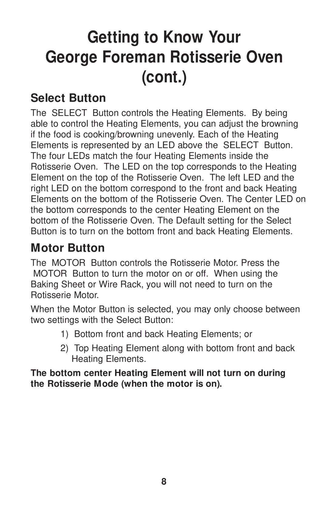 Salton GR80B owner manual Select Button, Motor Button 