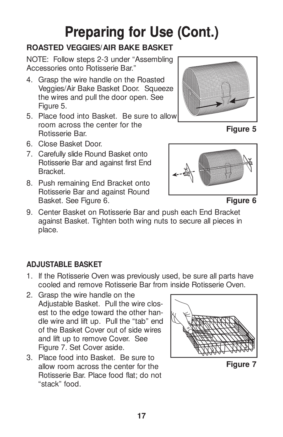 Salton GR80B owner manual Roasted Veggies/Air Bake Basket, Figure Figure, Adjustable Basket, Preparing for Use Cont 