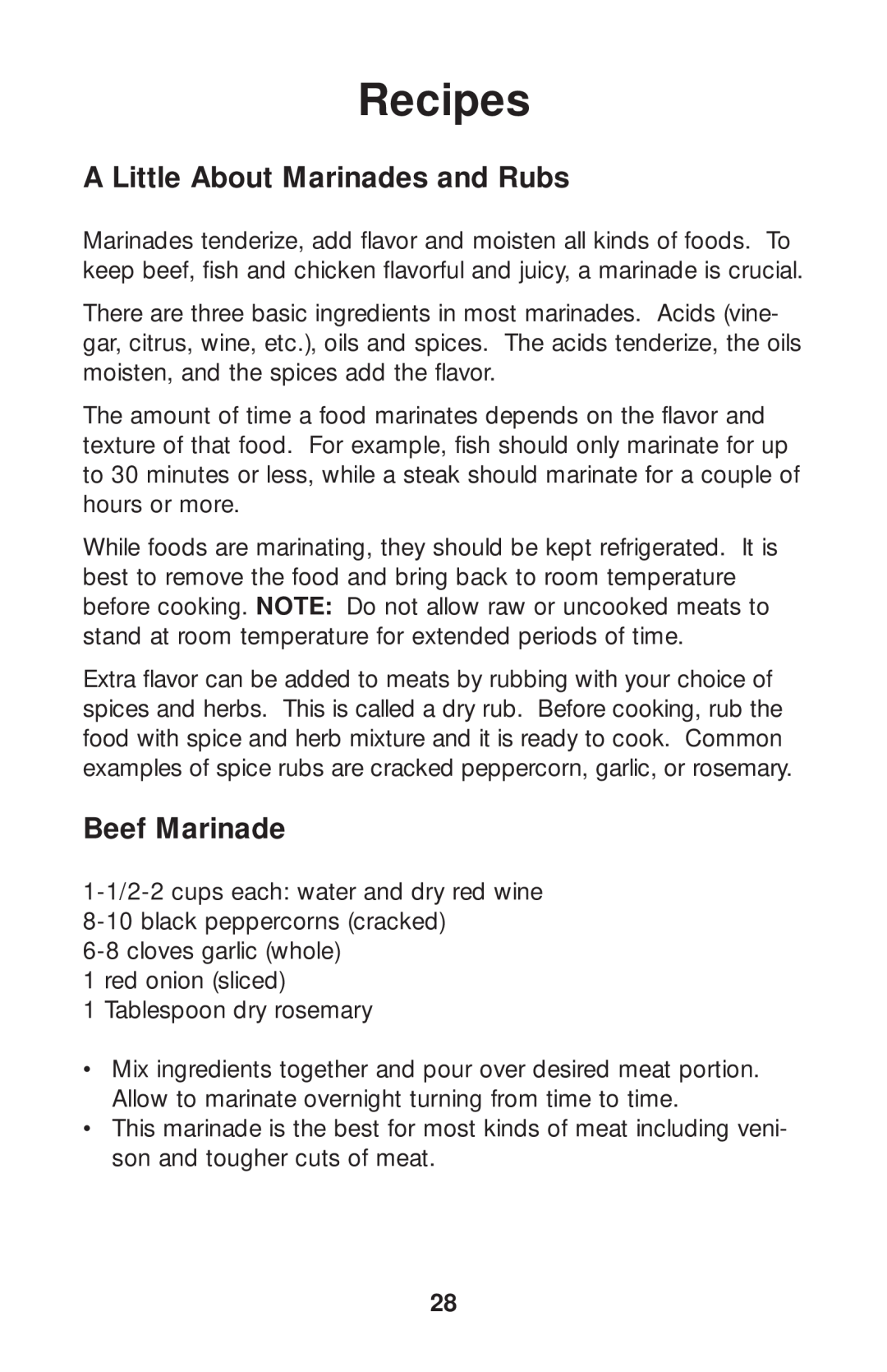Salton GR80B owner manual Recipes, A Little About Marinades and Rubs, Beef Marinade 