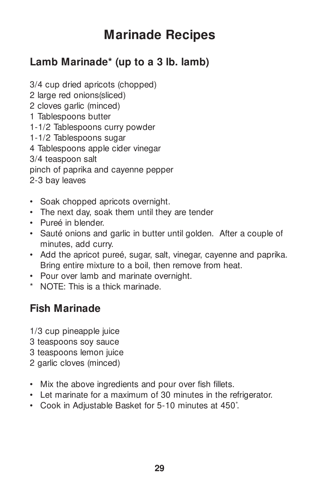 Salton GR80B owner manual Marinade Recipes, Lamb Marinade* up to a 3 lb. lamb, Fish Marinade 