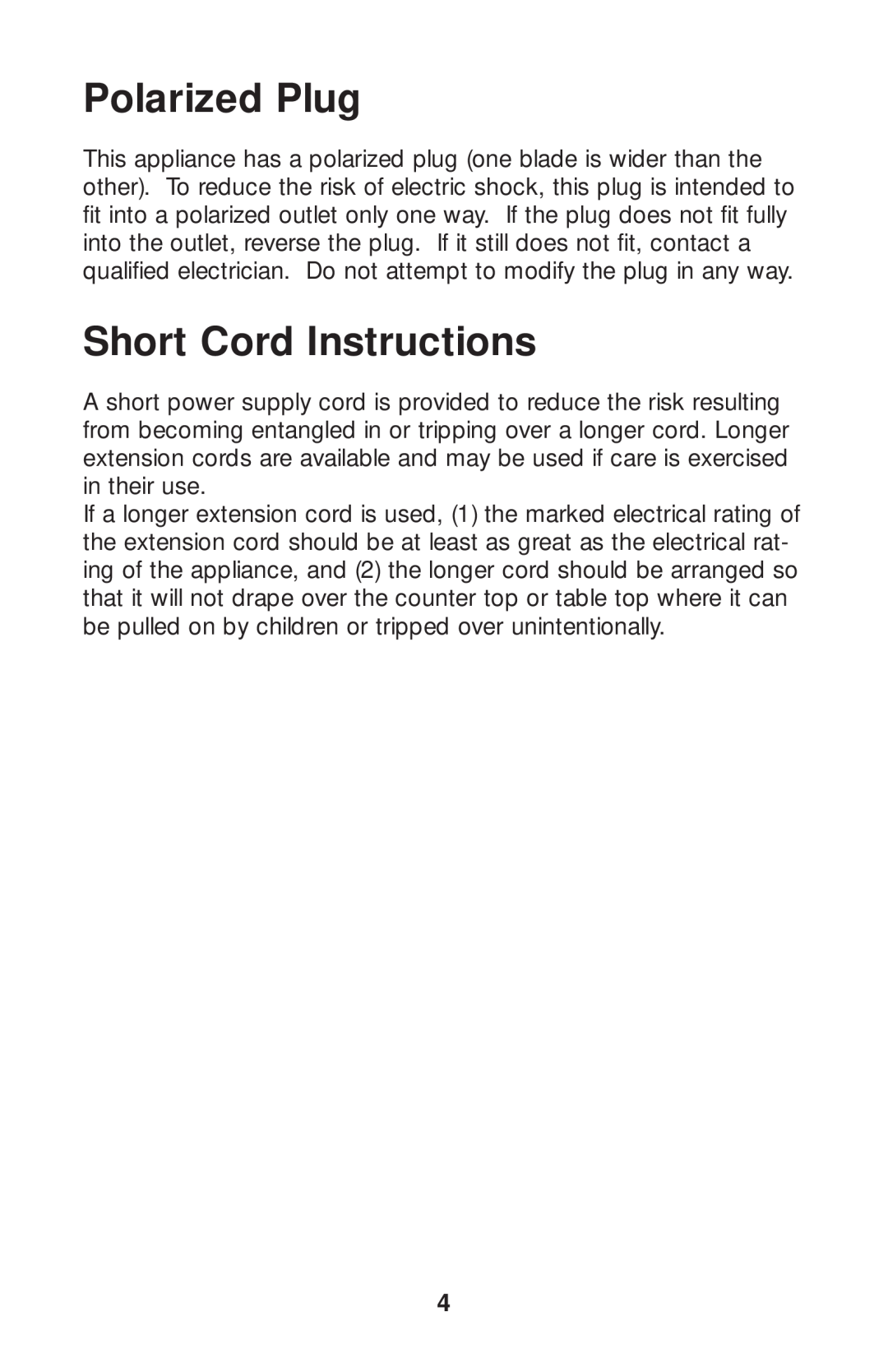 Salton GR80B owner manual Polarized Plug, Short Cord Instructions 