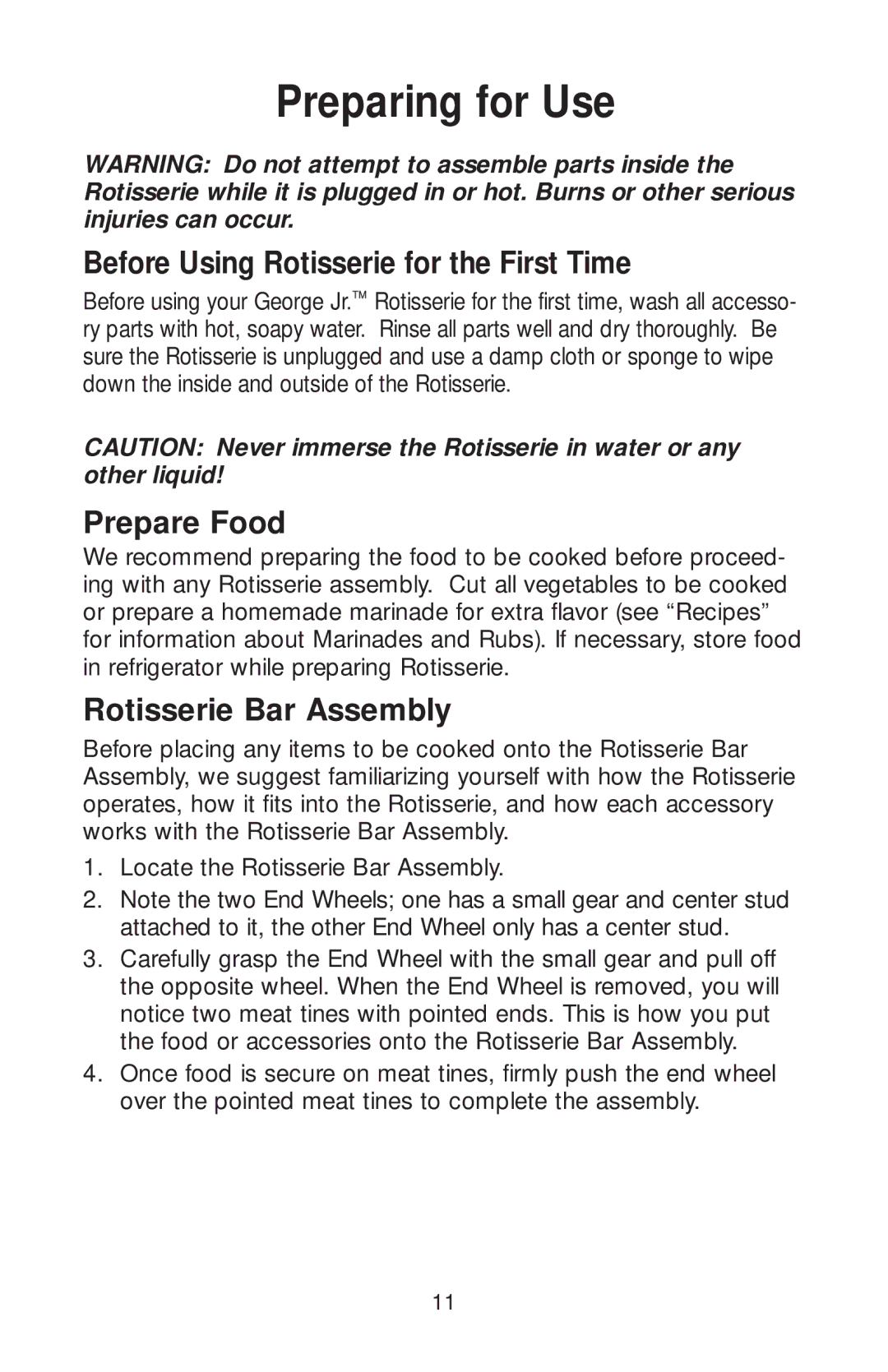 Salton GR82 owner manual Preparing for Use, Before Using Rotisserie for the First Time, Prepare Food 