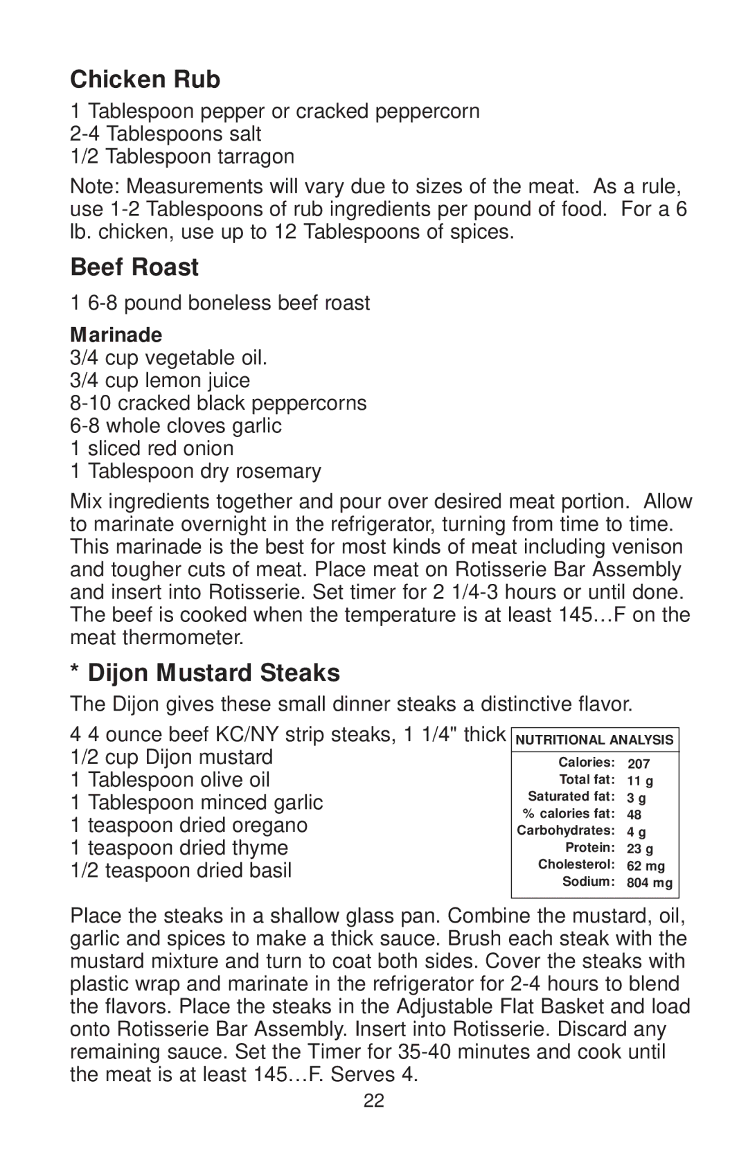 Salton GR82 owner manual Chicken Rub, Beef Roast, Dijon Mustard Steaks, Marinade 