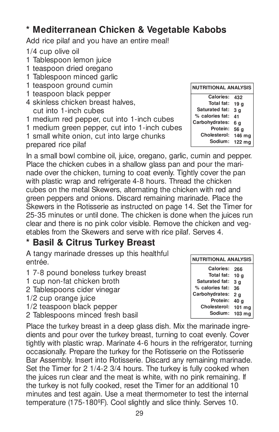 Salton GR82 owner manual Mediterranean Chicken & Vegetable Kabobs, Basil & Citrus Turkey Breast 