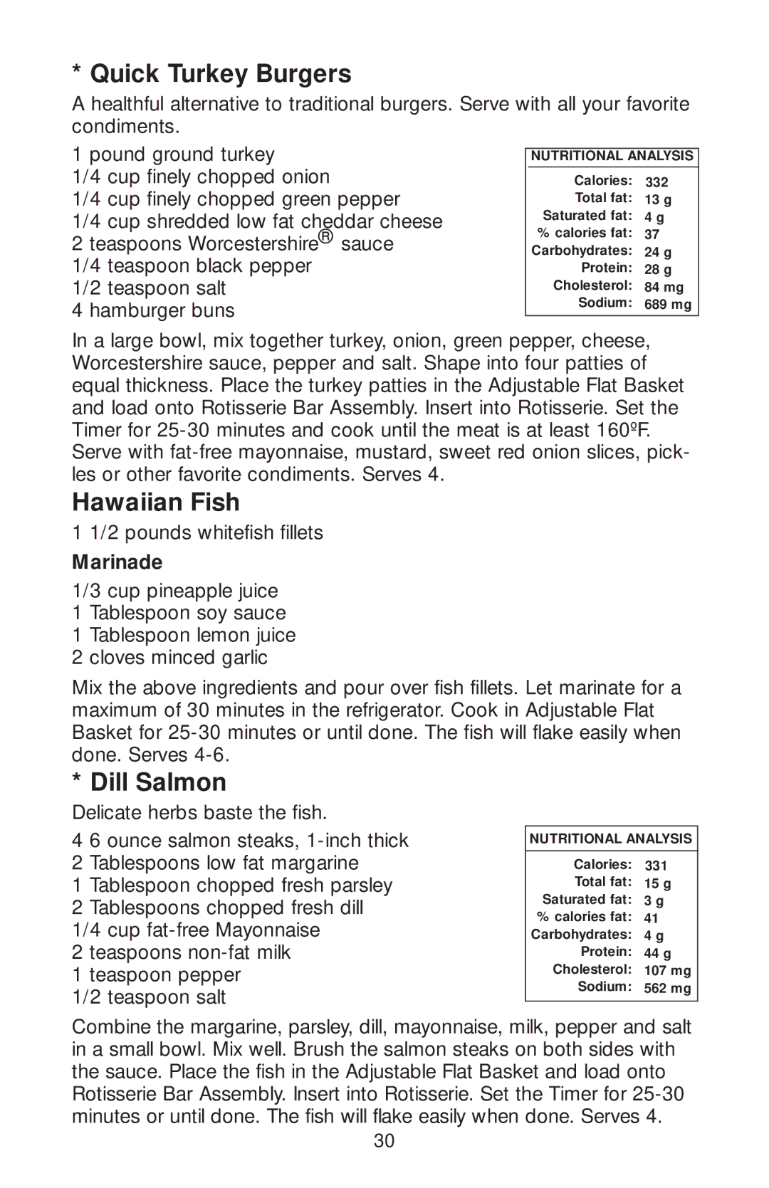 Salton GR82 owner manual Quick Turkey Burgers, Hawaiian Fish, Dill Salmon 