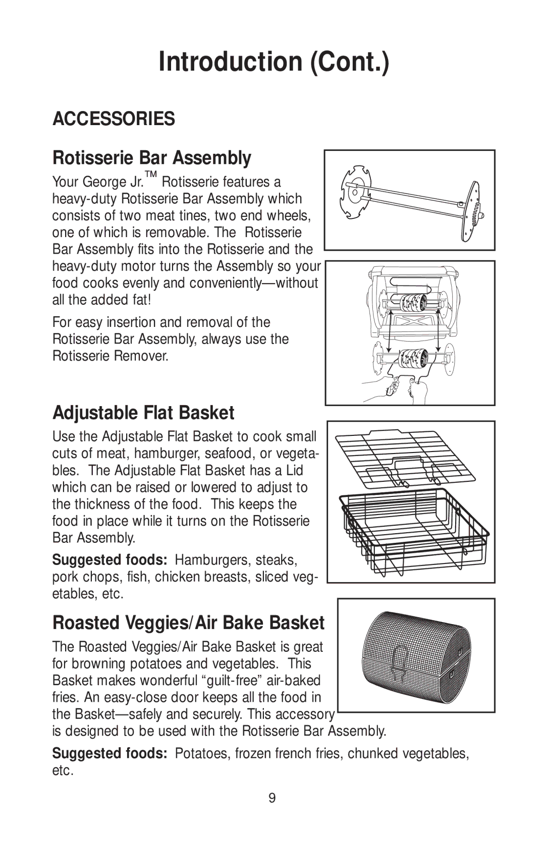 Salton GR82 owner manual Rotisserie Bar Assembly, Adjustable Flat Basket, Roasted Veggies/Air Bake Basket 