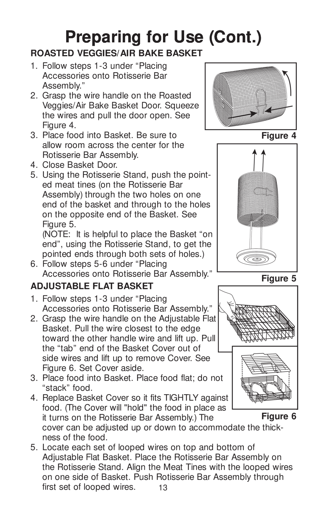 Salton GR82 owner manual Roasted Veggies/Air Bake Basket, Adjustable Flat Basket, Preparing for Use Cont 
