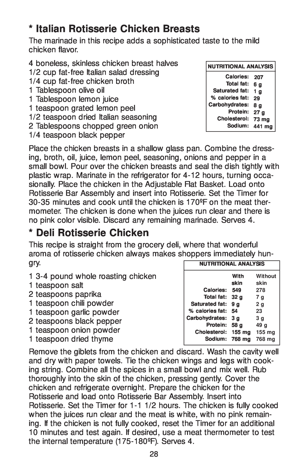 Salton GR82 owner manual Italian Rotisserie Chicken Breasts, Deli Rotisserie Chicken 