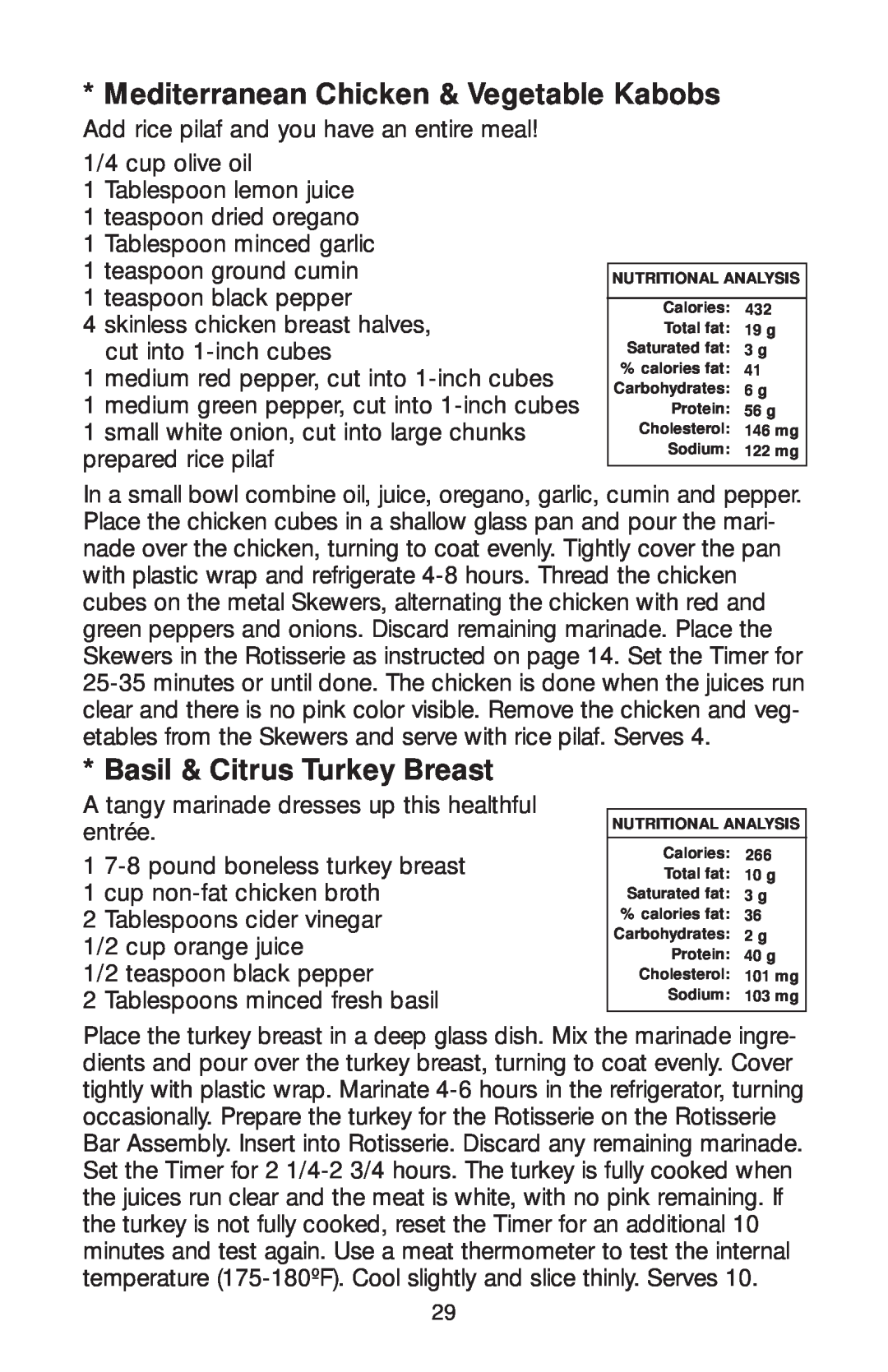 Salton GR82 owner manual Mediterranean Chicken & Vegetable Kabobs, Basil & Citrus Turkey Breast 