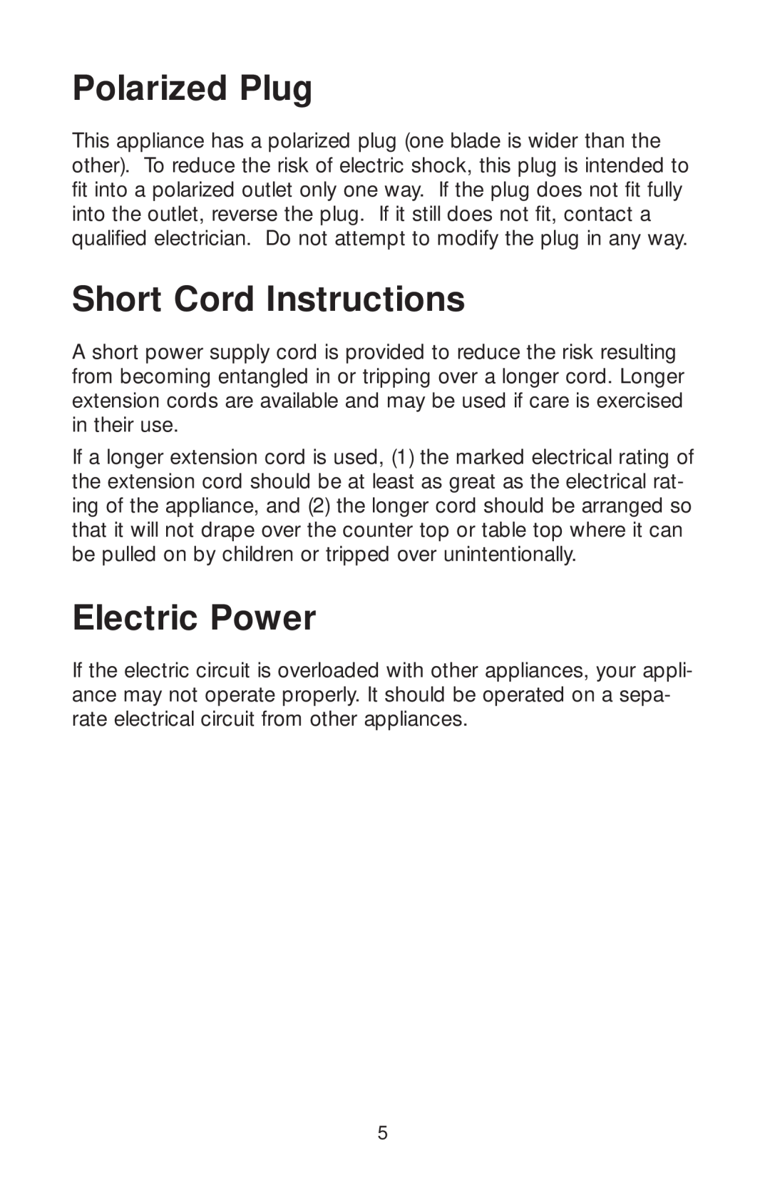 Salton GR82 owner manual Polarized Plug, Short Cord Instructions, Electric Power 