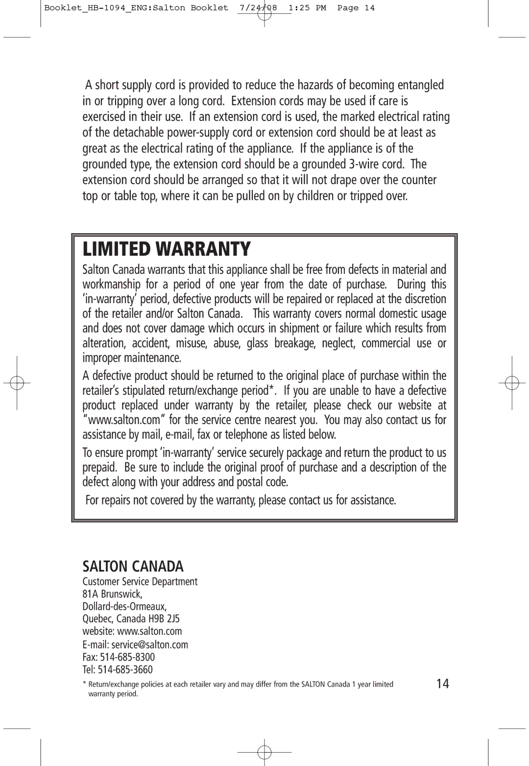 Salton HB-1094 manual Limited Warranty, Salton Canada 