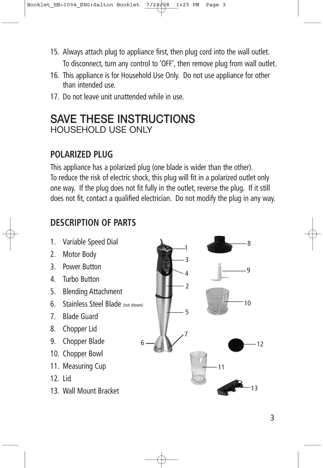 Salton HB-1094 manual Polarized Plug, Description of Parts, Motor Body Power Button Turbo Button 