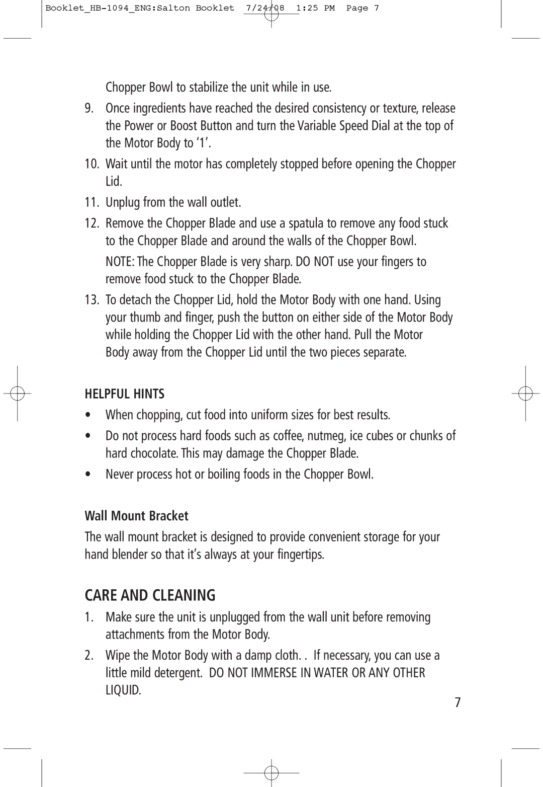 Salton HB-1094 manual Care and Cleaning, When chopping, cut food into uniform sizes for best results, Wall Mount Bracket 