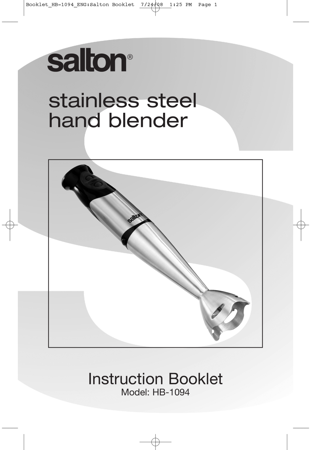 Salton manual stainless steel hand blender, Instruction Booklet, Model HB-1094 