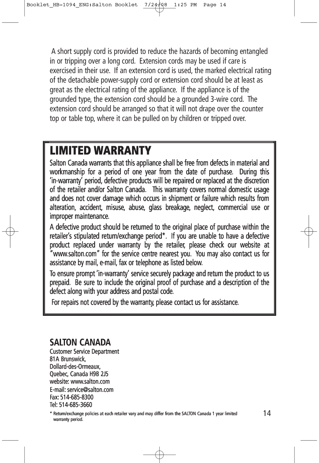 Salton HB-1094 manual Salton Canada, Limited Warranty, Tel 
