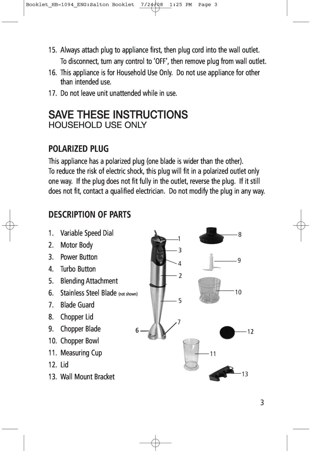Salton HB-1094 manual Polarized Plug, Description Of Parts, Save These Instructions, Household Use Only 