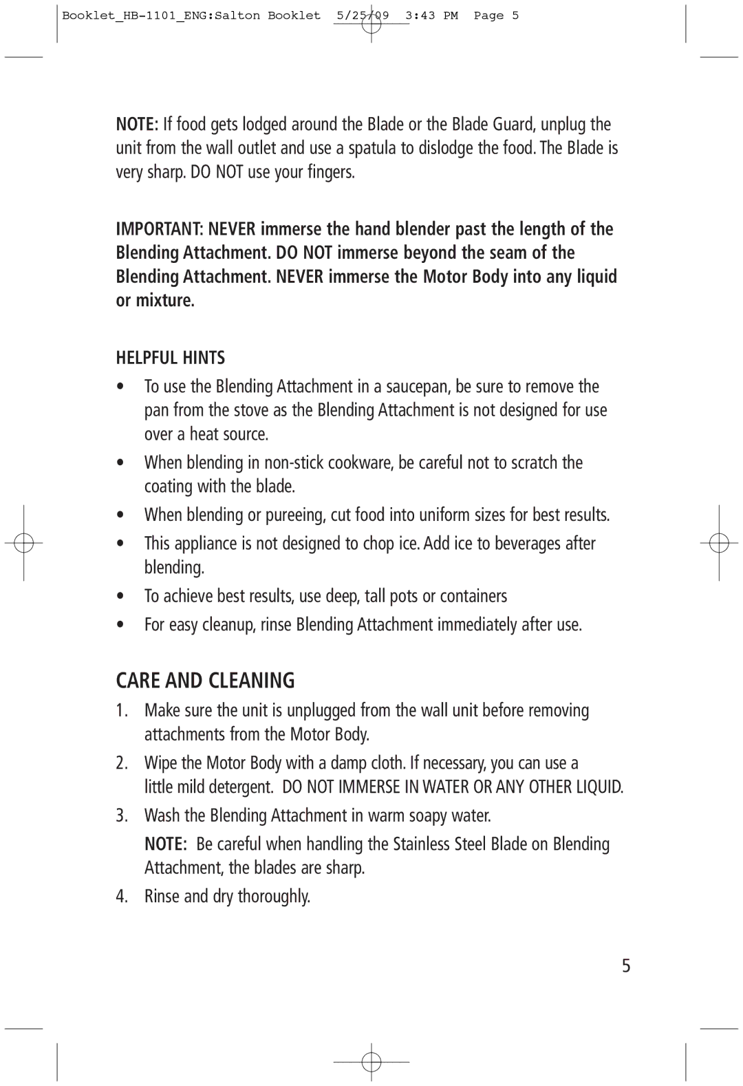 Salton HB-1101 manual Care and Cleaning, Helpful Hints 